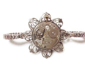 Steampunk Vintage Watch Movement Flower Bracelet, stretch bracelet, found object