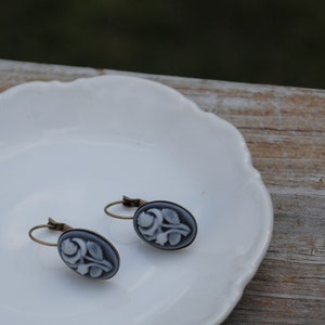 Vintage Style Shadow Gray and White Antique Brass Drop Dangle Earrings image 3