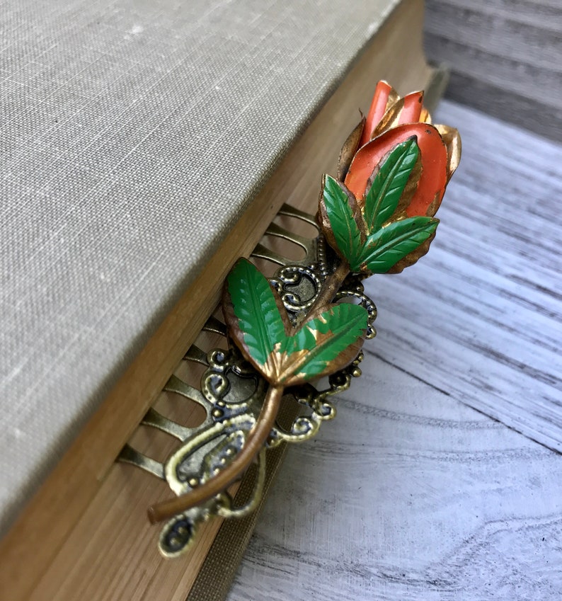 Vintage Orange Rose Spring Floral Collage Hair Comb OOAK image 3