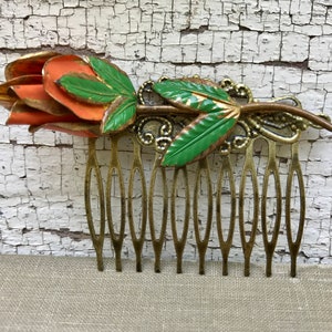 Vintage Orange Rose Spring Floral Collage Hair Comb OOAK image 1