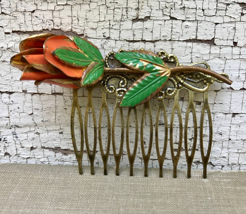 Vintage Orange Rose Spring Floral Collage Hair Comb OOAK image 1