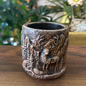 Handmade Concrete Deer Forest Scene Vessel: Rustic Bronze Patina Planter, Candle Holder