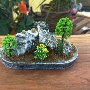 Diorama di montagna in miniatura fatto a mano, decorazione per giardino delle fate in cemento realizzata a mano, paesaggio roccioso con muschio fatto in famiglia, decorazione per la casa unica con alberelli in miniatura