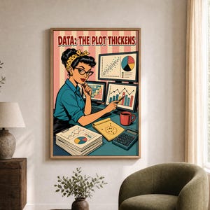 Data Analysis Retro Woman Wall Art - Funny 1950s Comic Poster Canvas and Framed Print