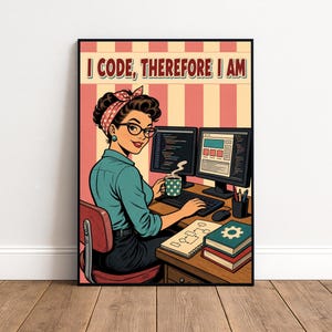 Póster retro de mujer desarrolladora de software para pared - Divertido póster cómico de los años 50 en lienzo y lámina enmarcada
