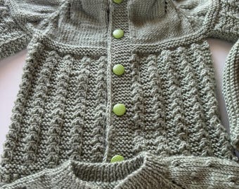 Hand Knitted Baby Cardigan Set, Sage Green Baby Outfit, Newborn Gift Set, Baby Shower Gift, Handmade Knit Sweater Hat Booties,  0-3 Month