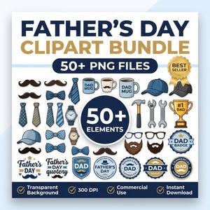Puede incluir: Un paquete de imágenes prediseñadas digitales con más de 50 elementos temáticos del Día del Padre, incluyendo bigotes, corbatas, pajaritas, tazas de café, gorras, relojes, herramientas, gafas, barbas, trofeos y varias insignias con texto.