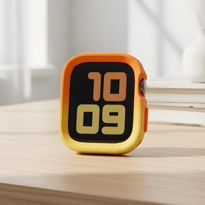 May include: A smartwatch with a gradient orange and yellow case, displaying the time as 10:09 on a black screen. The watch is set on a light-colored wooden surface.