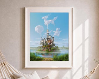 Cloud Factory Giclée Print, Whimsical Surreal Landscape Art, Fantasy Wall Decor