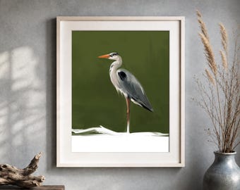 Heron Giclée Print, Bird & Wildlife Illustration, Olive Green Nature Wall Art