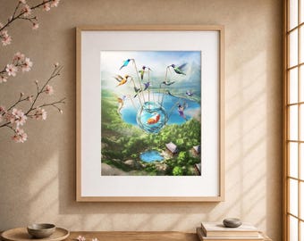 Koi Giclée Print, Hummingbird & Nature Illustration, Dreamlike Fantasy Wall Art