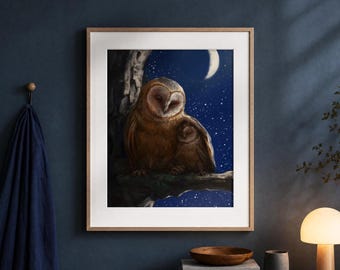 Barn Owl Giclée Print, Owl & Wildlife Illustration, Moonlit Woodland Wall Art