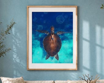 Sea Turtle Giclée Print, Ocean Animal Illustration, Coastal Nature Wall Art