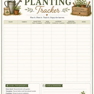 Planting tracker printable page for recording seeds, planting dates and crop progress.
