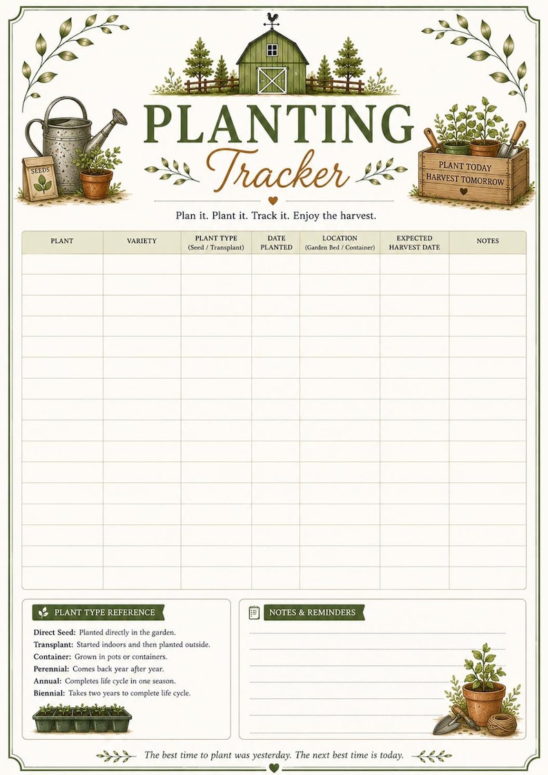 Planting tracker printable page for recording seeds, planting dates and crop progress.