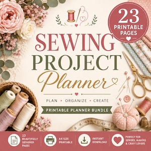 Może przedstawiać: Zestaw planera projektów krawieckich zawierający 23 strony do druku. Projekt zawiera tekst SEWING PROJECT PLANNER, PLAN, ORGANIZE, CREATE oraz PRINTABLE PLANNER BUNDLE, ozdobiony ilustracjami nici, nożyczek i poduszeczki na szpilki.