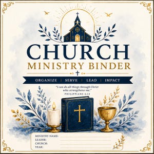 Puede incluir: Una portada de carpeta de ministerio eclesiástico con una ilustración de iglesia azul oscuro, texto dorado CHURCH MINISTRY BINDER y las palabras ORGANIZE, SERVE, LEAD, IMPACT. Incluye una Biblia, una vela encendida, un cáliz dorado y Philippians 4:13.