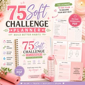 Puede incluir: Un planificador 75 Soft Challenge rosa y blanco con una botella de agua, una mancuerna y una esterilla de yoga a juego. El planificador incluye una lista de verificación diaria, un rastreador de hábitos y un diario. El texto dice "Build Better Habits".
