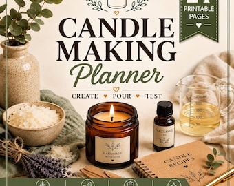 May include: A candle making planner with 24 printable pages, featuring a lit candle in an amber jar, a bowl of wax flakes, a bottle of fragrance oil, a glass measuring pitcher, and a spiral-bound recipe notebook with a gold pen on a table.
