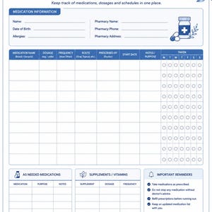 Medication tracker printable page for logging prescriptions, dosages, schedules, and medication management.