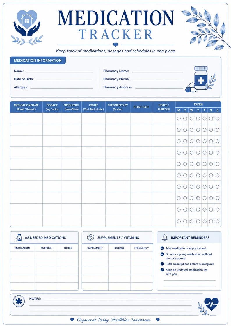 Medication tracker printable page for logging prescriptions, dosages, schedules, and medication management.