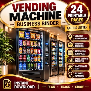 May include: A digital vending machine business binder with 24 printable pages in A4 and US letter sizes. The graphic features vending machines, icons for location management, inventory tracking, restocking, and sales profit trackers.