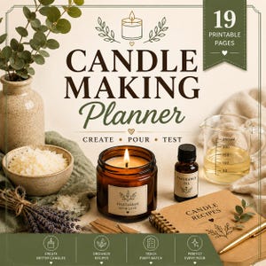 May include: A digital candle making planner with 19 printable pages. The image features a lit candle in an amber jar, a bottle of fragrance oil, a measuring pitcher with 250 ml markings, a recipe notebook, and dried lavender sprigs.