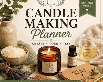 May include: A digital candle making planner with 19 printable pages. The image features a lit candle in an amber jar, a bottle of fragrance oil, a measuring pitcher with 250 ml markings, a recipe notebook, and dried lavender sprigs.