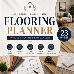 Puede incluir: Un planificador de proyectos de suelos de 23 páginas con el texto PLAN DESIGN CHOOSE INSTALL FLOORING PLANNER PROJECT PLANNER & ORGANIZER. Incluye iconos para planificar, presupuestar y realizar un seguimiento, junto con un plano de planta, una cinta métrica y muestras de madera.