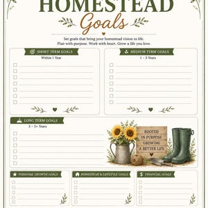 Homestead goals planner printable page for setting farming, gardening and self-sufficiency goals.
