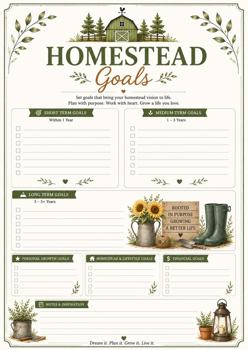 Homestead goals planner printable page for setting farming, gardening and self-sufficiency goals.