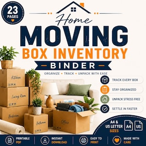 Classeur imprimable d'inventaire de cartons de déménagement | Planificateur de déménagement PDF | Liste de contrôle d'emballage | Formats A4 et Lettre US | Téléchargement instantané