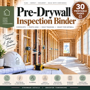 Op de afbeelding: Een Pre-Drywall inspectiemap met 30 printbare pagina's. De omslag bevat tekst zoals Plan, Inspect, Document, Build with Confidence, Checklists, Photo Logs, Issue Tracking en Ready for Drywall. Het toont een bouwplaats.