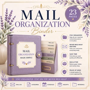 Puede incluir: Una carpeta organizadora de correo color lavanda con anillas doradas y una caja de almacenamiento a juego que contiene separadores etiquetados para registro, categorías, contactos, facturas, importantes, recibos y referencias.