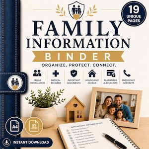 Peut inclure: Un classeur d'informations familiales de 19 pages uniques, avec une couverture bleu foncé et des accents dorés. Le design inclut des icônes pour les dossiers médicaux, documents et contacts d'urgence. Formats A4 et US Letter disponibles.