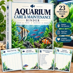 Registro de mantenimiento de acuarios, carpeta imprimible para acuarios, registros de parámetros del agua y alimentación.