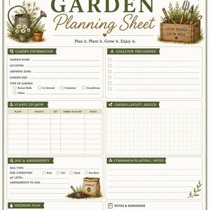 Garden planning printable worksheet for organizing planting schedules, crops and seasonal gardening tasks.