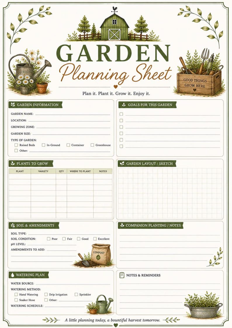 Garden planning printable worksheet for organizing planting schedules, crops and seasonal gardening tasks.