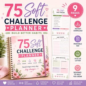 75 Soft Challenge Planner, printbare PDF-gewoontetracker, dagboek voor welzijn en doelenlogboek