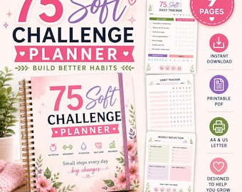 75 Soft Challenge Planner, Printable PDF Habit Tracker, Daily Wellness Journal and Goal Log