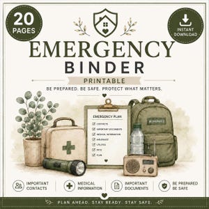 May include: An emergency binder printable set featuring 20 pages. The graphic displays a first aid kit, a clipboard with an emergency plan checklist, a backpack, a water bottle, a radio, and a flashlight. Text includes EMERGENCY BINDER, BE PREPARED, BE SAFE, PROTECT WHAT MATTERS, and various category labels.