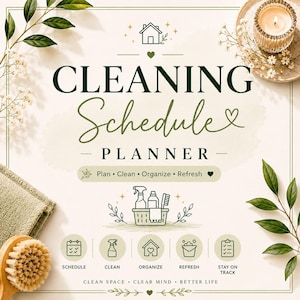 Könnte beinhalten: Ein dekorativer Reinigungsplaner mit den Worten "CLEANING Schedule PLANNER" in grüner Schrift. Das Bild enthält Symbole für Planung, Reinigung, Organisation, Erfrischung und Nachverfolgung. Der Hintergrund ist hellbeige mit floralen Akzenten.