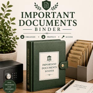 May include: A dark green binder with a gold snap closure and a white label reading "IMPORTANT DOCUMENTS BINDER" with a building icon. The binder is accompanied by a matching document organiser containing labelled tabs for legal, financial, and personal files.