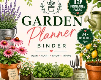 May include: A garden planner binder cover featuring the text GARDEN Planner BINDER, PLAN PLANT GROW THRIVE, 19 PRINTABLE PAGES, and A4 + US LETTER. The design includes illustrations of lavender, pink coneflowers, herbs, and a lemon tree.
