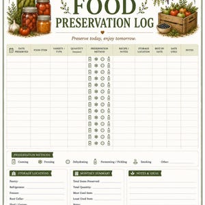 Food preservation log printable for tracking canning, freezing, dehydrating and food storage.