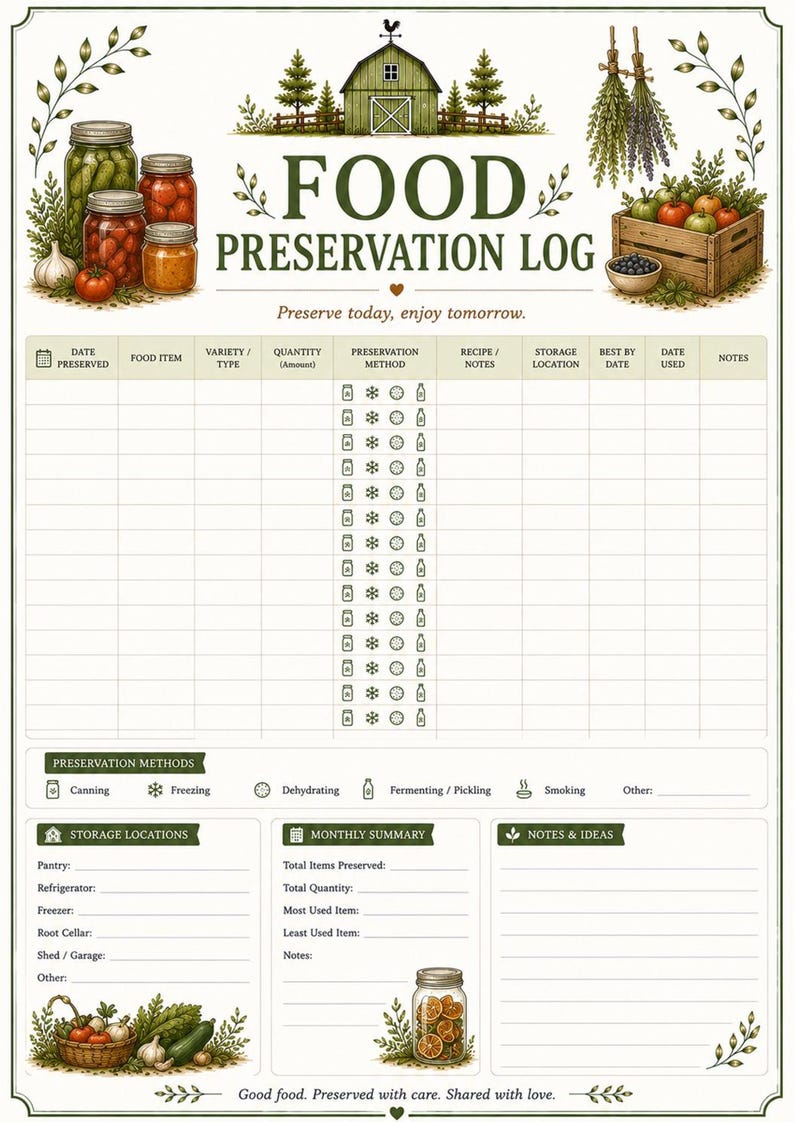 Food preservation log printable for tracking canning, freezing, dehydrating and food storage.