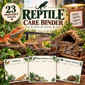 Könnte beinhalten: Ein Reptilien-Pflegeordner mit 23 druckbaren Seiten, inklusive Protokollen für Fütterung, Lebensraumpflege und Tierarztbesuche. Die Seiten enthalten Illustrationen von Bartagame, Leopardgecko, Schlange und Schildkröte mit Blattmotiven.