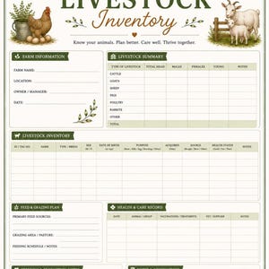 Livestock inventory printable page for tracking farm animals, health records and livestock information.