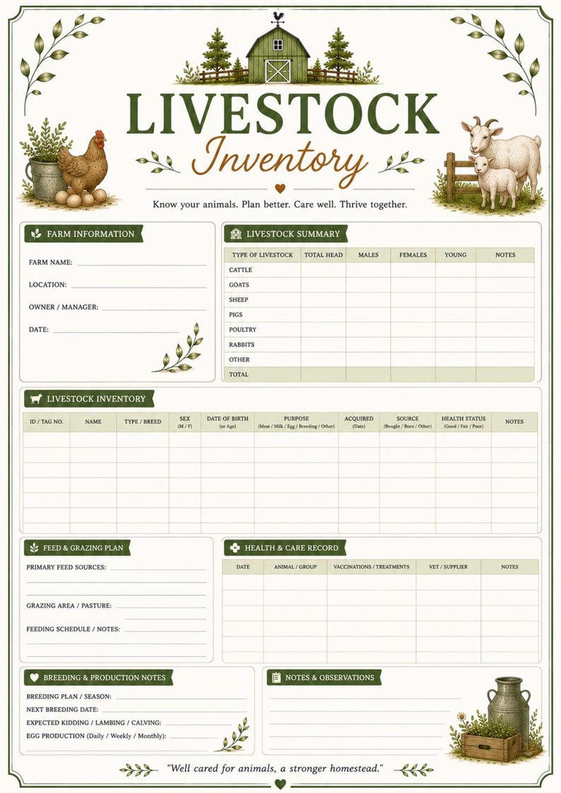 Livestock inventory printable page for tracking farm animals, health records and livestock information.