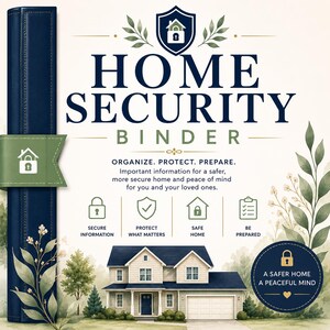 May include: A dark blue binder with a green strap featuring a house and lock icon. The text reads: HOME SECURITY BINDER, ORGANIZE. PROTECT. PREPARE. Important information for a safer, more secure home and peace of mind for you and your loved ones.